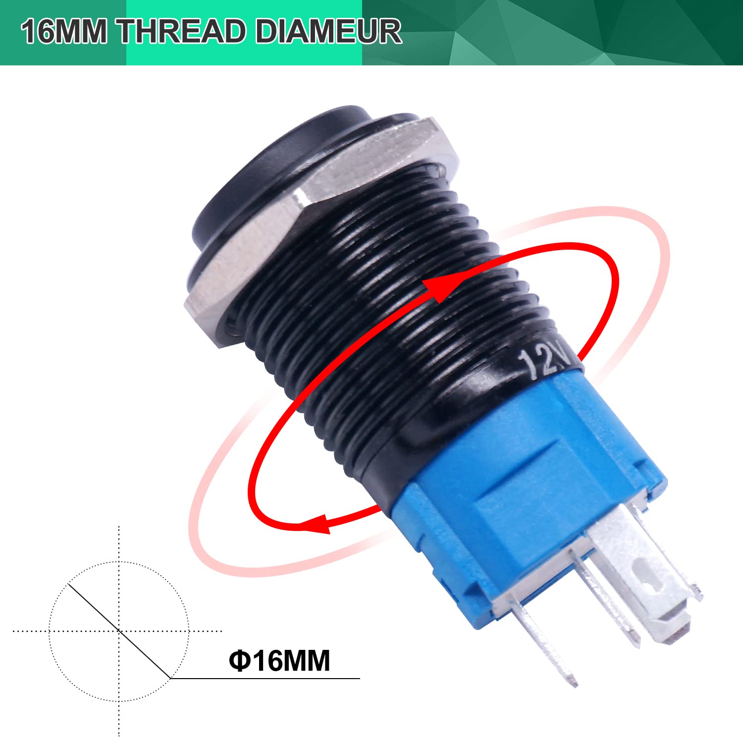 Twidec/16Mm Raised Speaker Horn Momentary Push Button Switch 5/8' Mounting Hole 12V Blue Led Light Black Stainless Steel Shell 1No 1Nc Spdt With Pre-Wiring Wires Switch For Car Modification Bkg16Lb-Bu