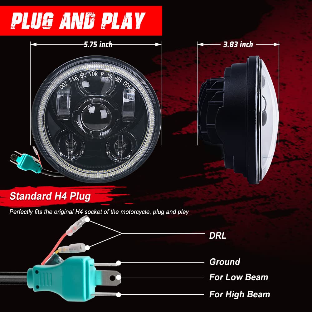 Tugwuetlwu 5.75 In Motorcycle Headlight For Harley Davidson 5 3/4 Sportster Dyna Softail Iron 883 Etc Accessories (Black-Halo)