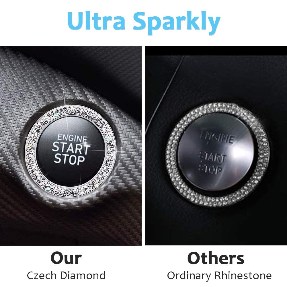 Tobequeen Teal Push Start Button Cover Emblem Sticker, Interior Crystal Diamond Rhinestone Blue Bling Car Starter Ring Decoratio