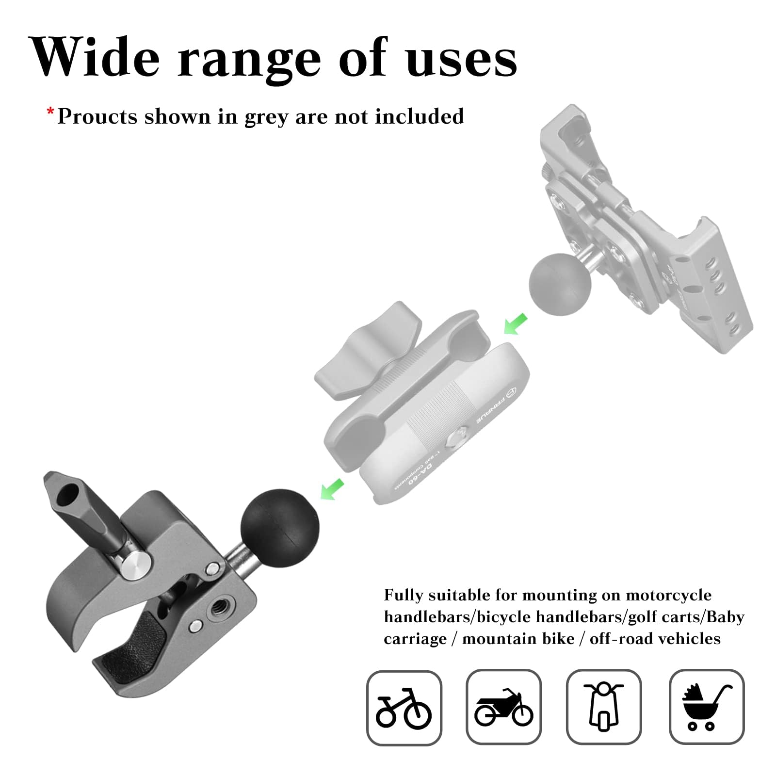 FANAUE Handlebar Base Mount Strong Rod Clamp with 1'' Ball for Rails 0.5'' to 2.0'' in Diameter, Compatible with RAM Mounts B Si