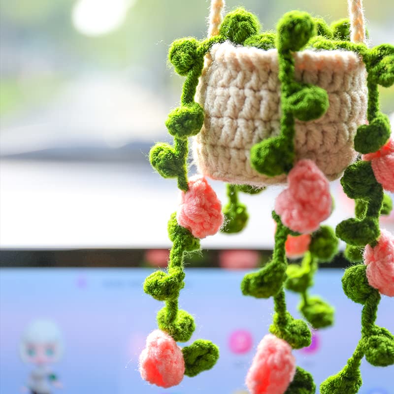Boho Car Plant Crochet Hanging Accessories Crochet Plants For Car Rear View Mirror Cute Car Pink Plants For Women1