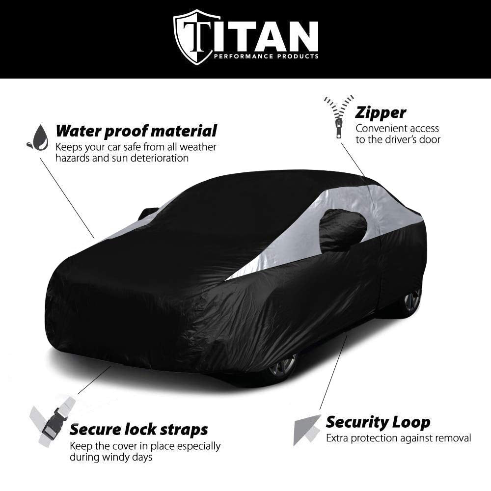 Titan Jet Black Poly 210T Car Cover For Compact Sedans 176-185''. Waterproof, Uv Protection, Scratch Resistant, Driver-Side Zipp