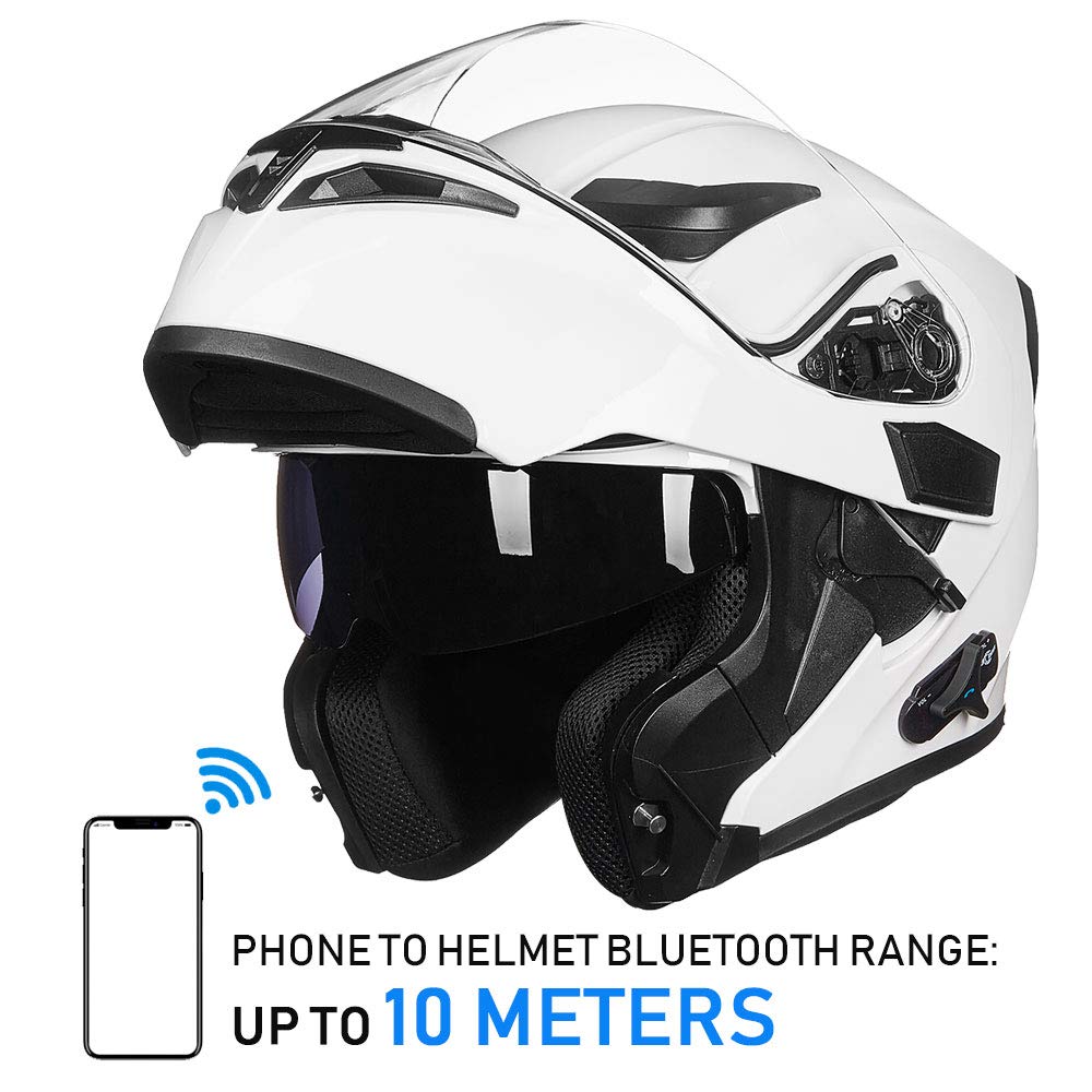 Ilm Bluetooth Motorcycle Helmet Modular Flip Up Full Face Dual Visor Mp3 Intercom Fm Radio Dot Model 902Bt(White, Xl)