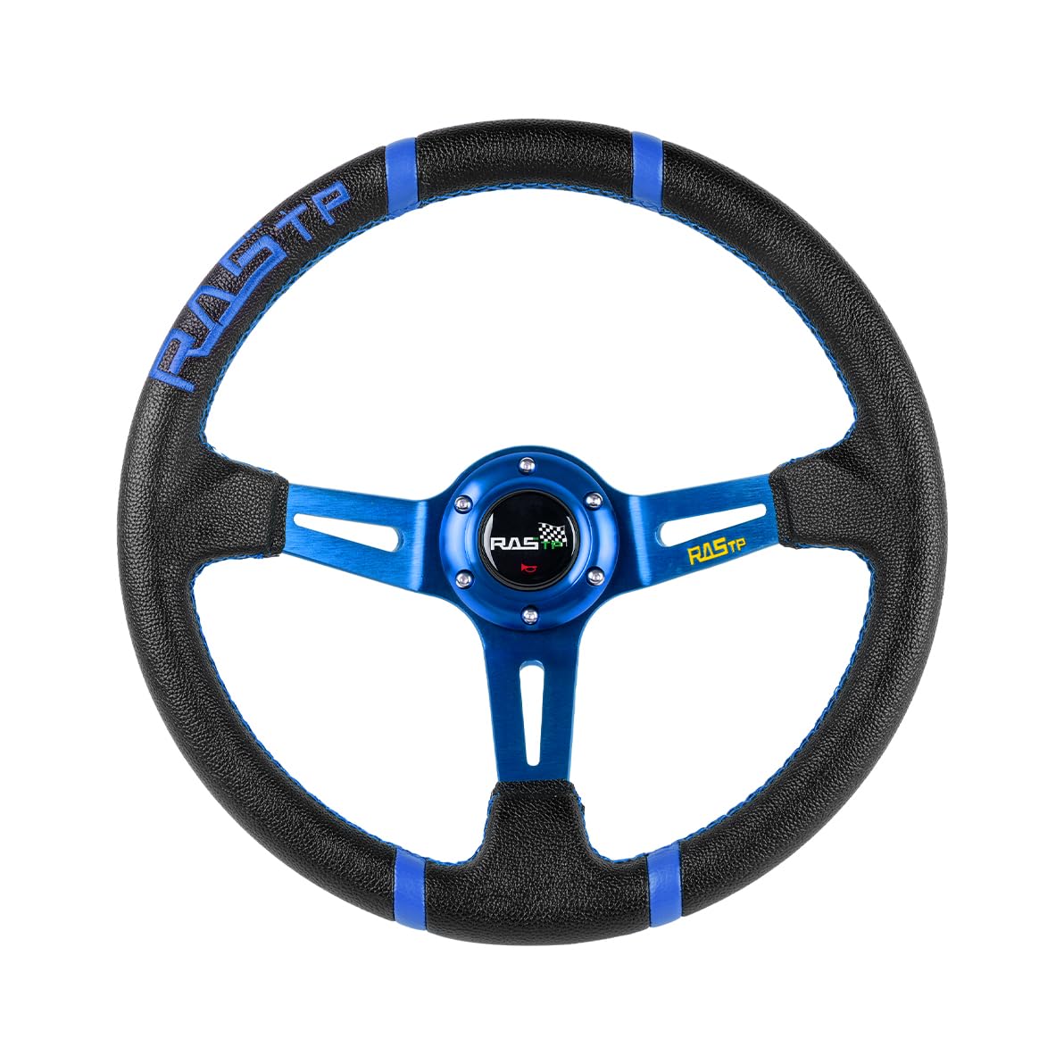 Rastp Universal Racing Steering Wheel,Deep Dish Steering Wheel Leather Embroidery 13.58”/345Mm 6 Bolts With Horn Button Include Cable, Wrench,Blue