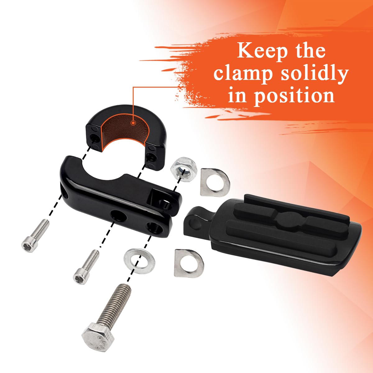 Fovplue 1.25' Highway Footpegs, Adjustable Footrest W/Mounting P-Clamps For Harley Touring Softail Dyna Sportster Honda Kawasaki Suzuki Yamaha Indian Victory W/1-1/4' Engine Guard, Gloss Black#2