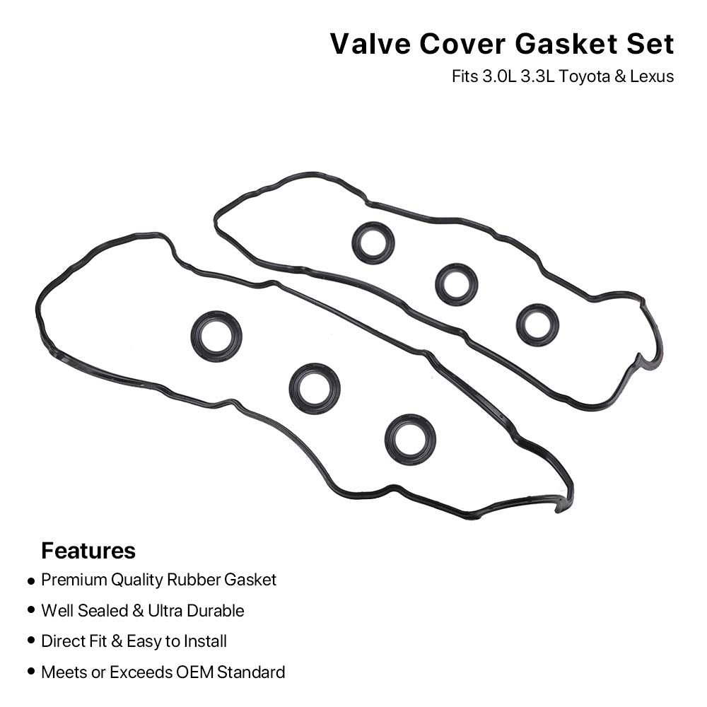 Valve Cover Gasket Set - Compatible with 3.0L 3.3L Toyota Camry, Avalon, Sienna, Highlander, Solara, Lexus ES300, ES330, RX300,