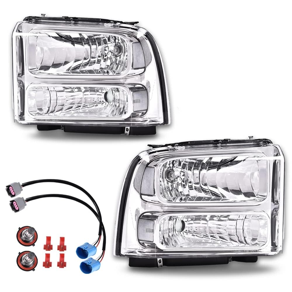 G-Plus Headlights Assembly Compatible With 99-04 Ford F250 F350 F450 F550 Super Duty/00-04 Excursion Headlamp,Clear Lens Chrome