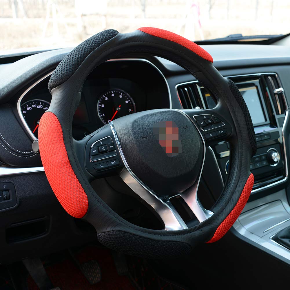 Fhqsx Auto Steering Wheel Cover Soft Hand Pad Cushion Slip-On Universal Fit 15'' / 38 Cm (Black&Red)