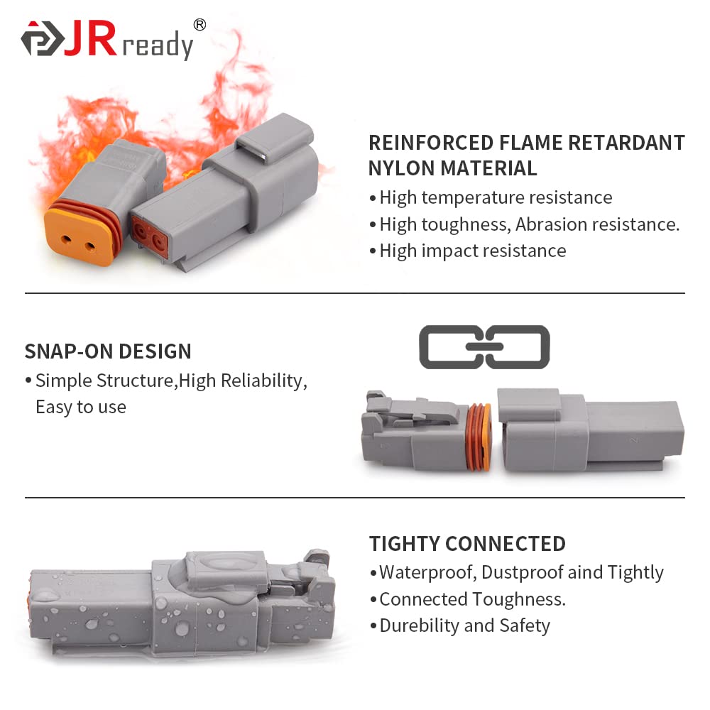 Jrready St6327-2 Deutsch 2 Pin Dt Connector Kit, Gray Waterproof Dt Connector 2 Pin(5 Set), Size 16 Stamped Contacts, Seal Plugs