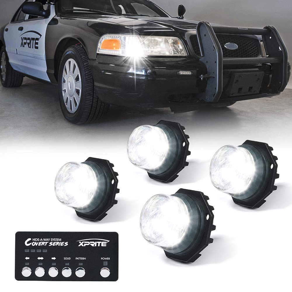 Xprite 4Pcs Led Hideaway Strobe Lights Kit - White, 20 Flash Modes, Control Panel Included, Ideal For Emergency Vehicles, Trucks