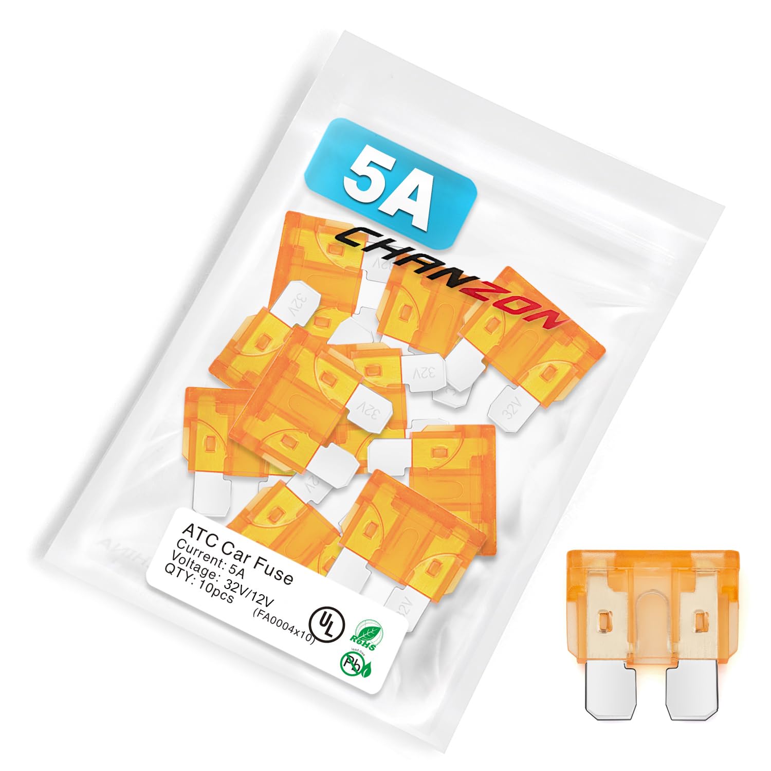 Chanzon Ul Listed 5A Standard Blade Fuse Atc/Ato/Apr 5 Amp 32V 10Pcs Auto Fuses Fast Blow For Automotive Car Rv Truck Suv