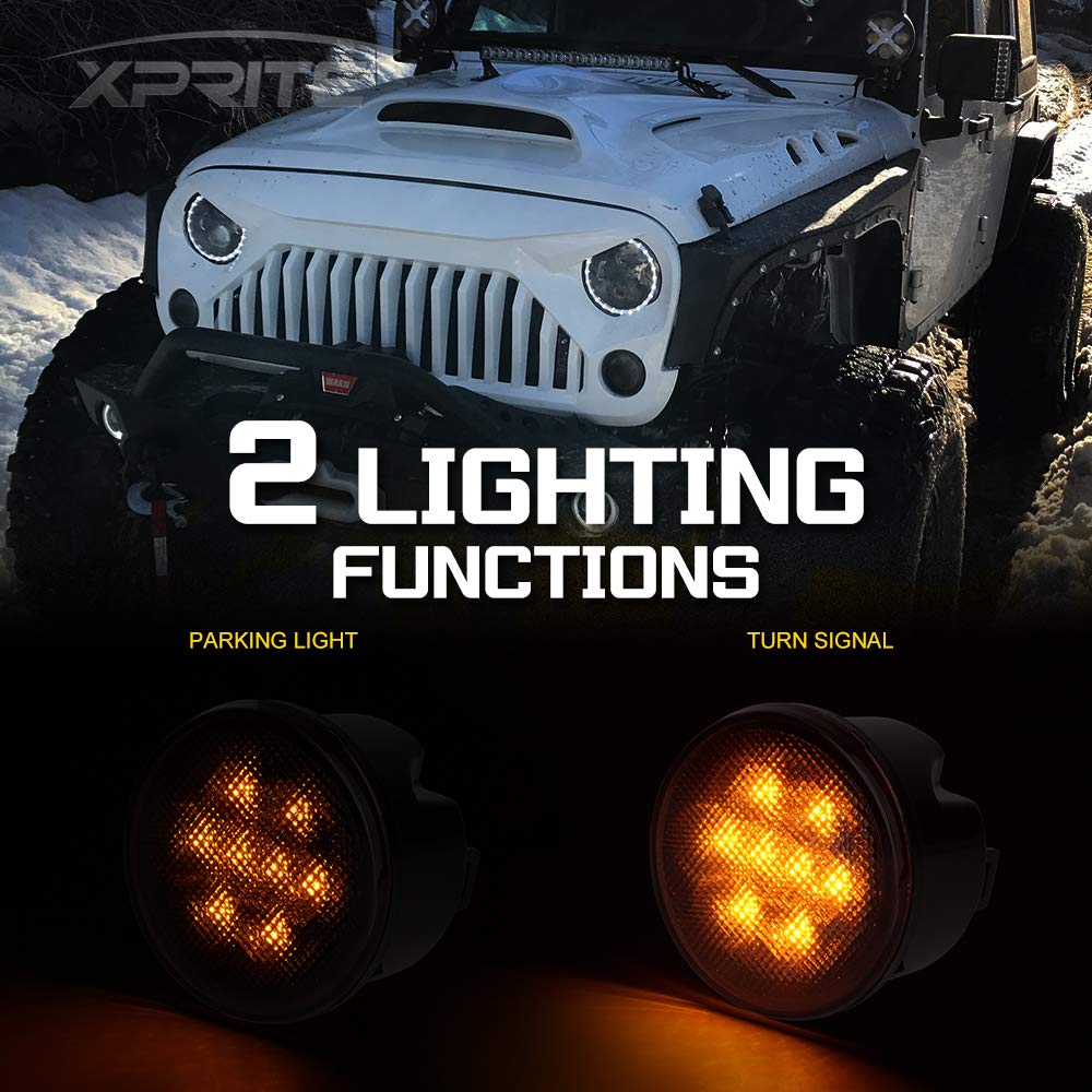 Xprite Amber Smoke Lens Led Turn Signal Lights Assembly With Parking Funtion Compatible With 2007-2018 Jeep Wrangler Jk & Wrangler Unlimited