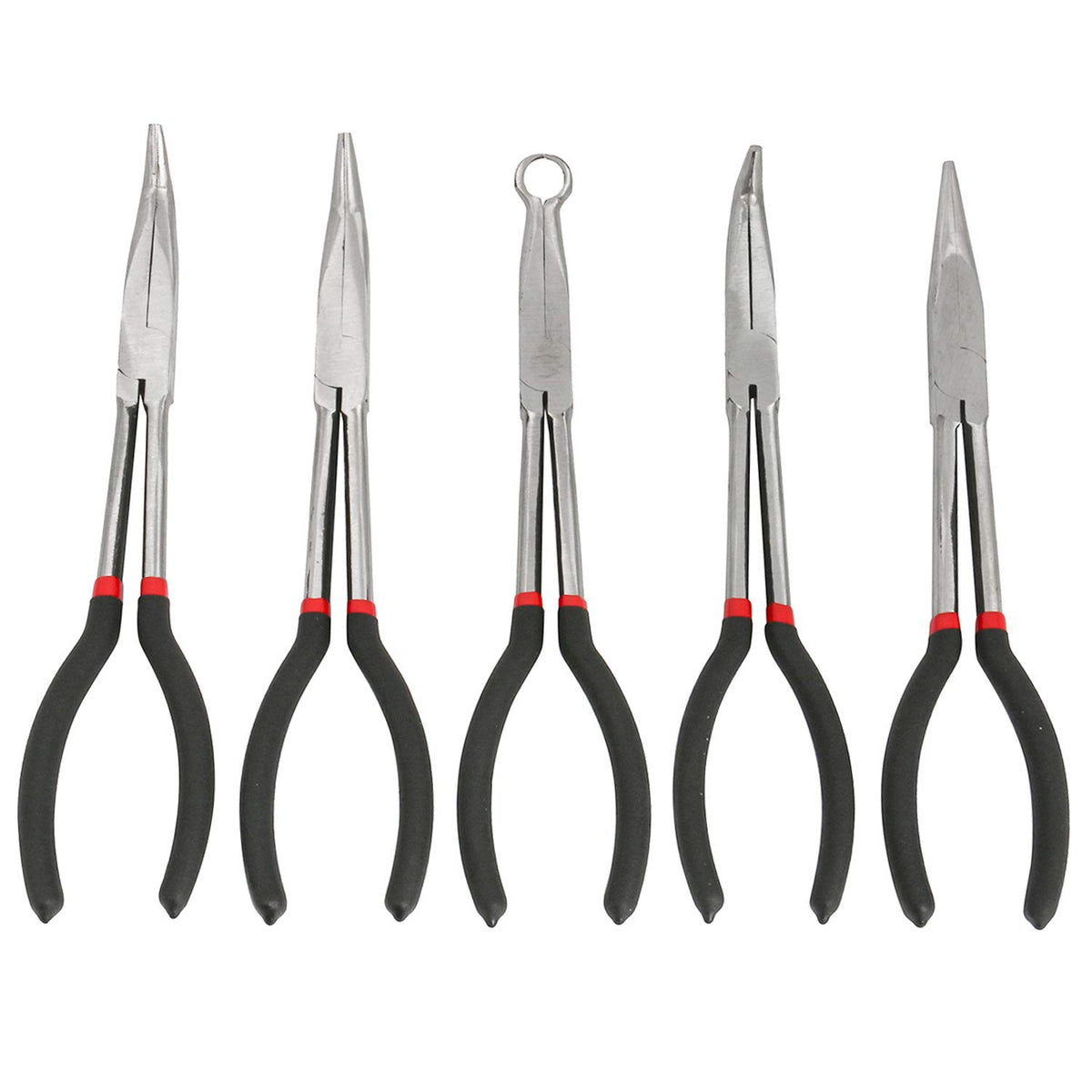 Amarine Made Long Needle Nose Pliers Set 11-Inch Pliers 5-Piece Set Nipper Bent Nose, Duckbill Pliers,End Cutting, Diagonal, Plug Cable Puller Reach Flat,45,90 Degree Angle, Straight,Curved Pliers