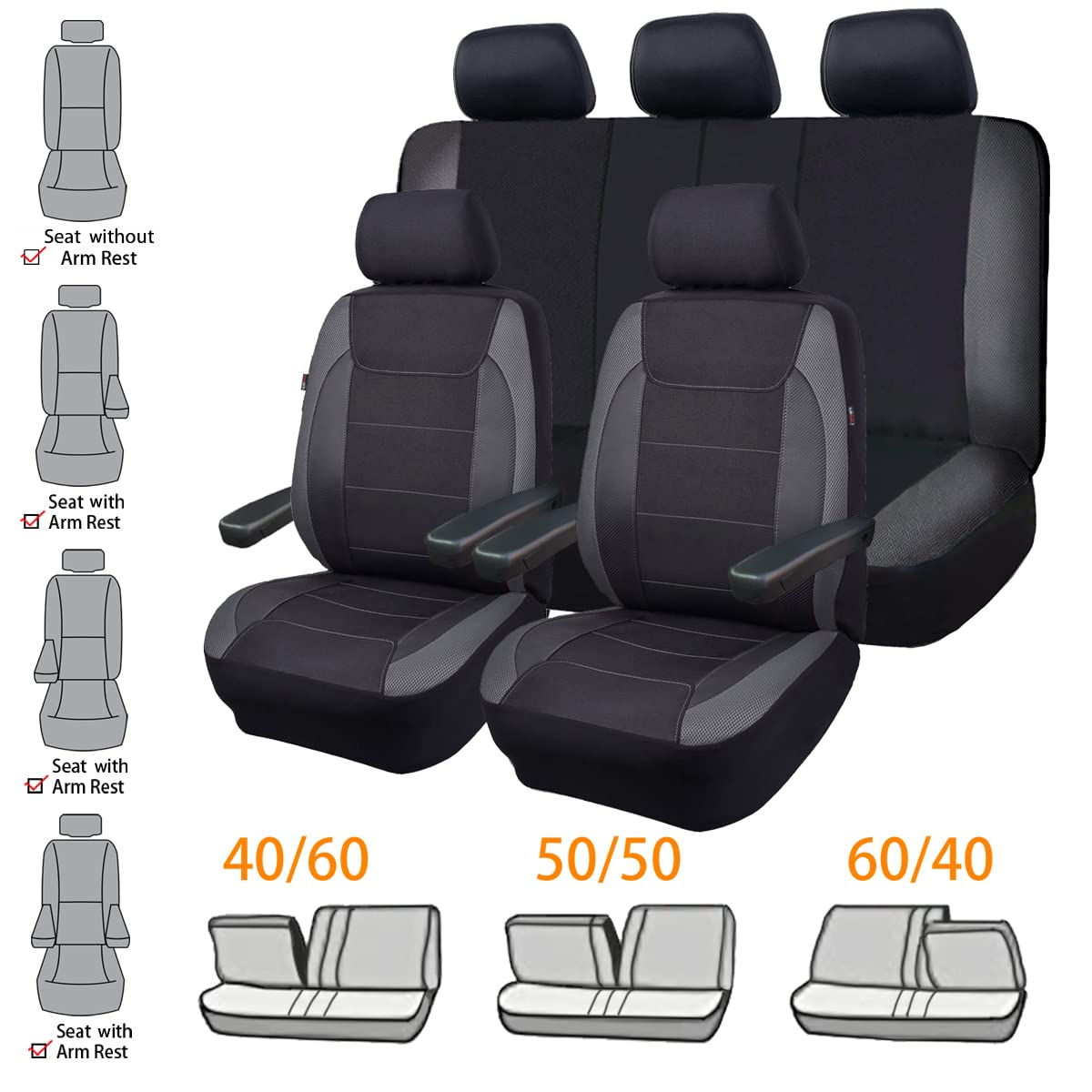 Flying Banner car seat Covers Quality Carbon Fiber Air Mesh Fabric Sport Low High Back Bucket Back Pocket Arm Rest (Full Set - L