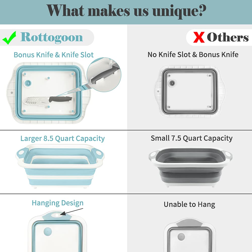 ROTTOGOON Collapsible Cutting Board - Foldable Chopping Board with Colander, Light Blue Silicone Dish Tub for BBQ, Picnic, Camping