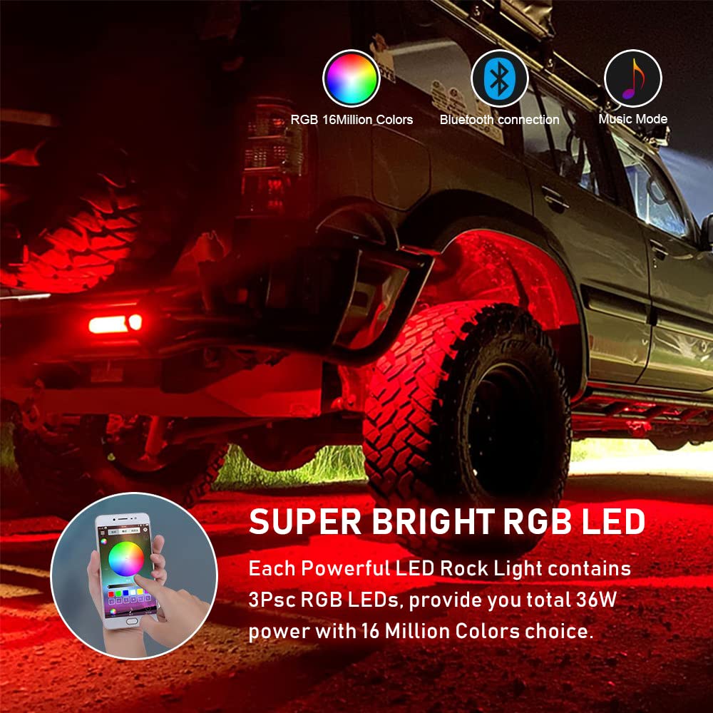 Ychow-Tech Rgb Led Rock Lights, 8 Pods Underglow Multicolor Neon Light Pod With Bluetooth App Control Timing Function, Music Mode Wheel Well Light For Truck Atv Utv Rzr Suv