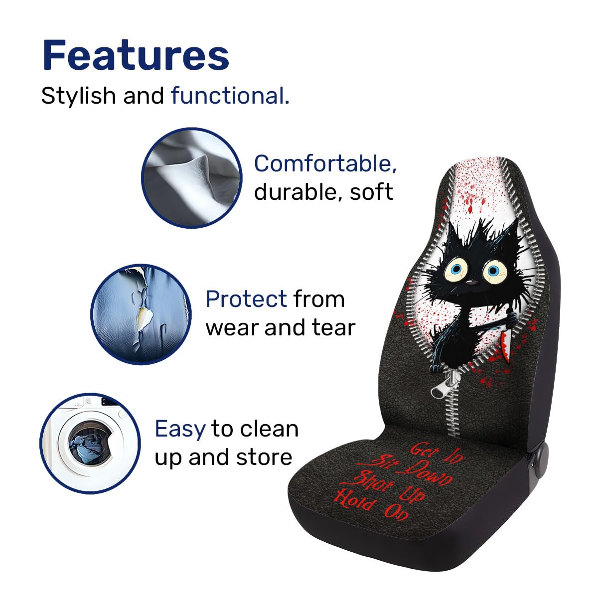 GENANY Funny Cute Evil Murder Black Cat Holding Knife 2 Front Car Seat Covers for Car Truck Sedan SUV, Durable Automotive Seat C