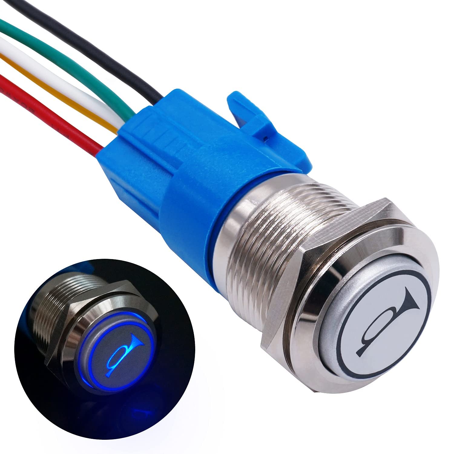 Twtade/19Mm 12V Car Horn Push Button Blue Led Lighted Momentary Metal Speaker Air Horn Toggle Switch With Wires Horng19-Bu