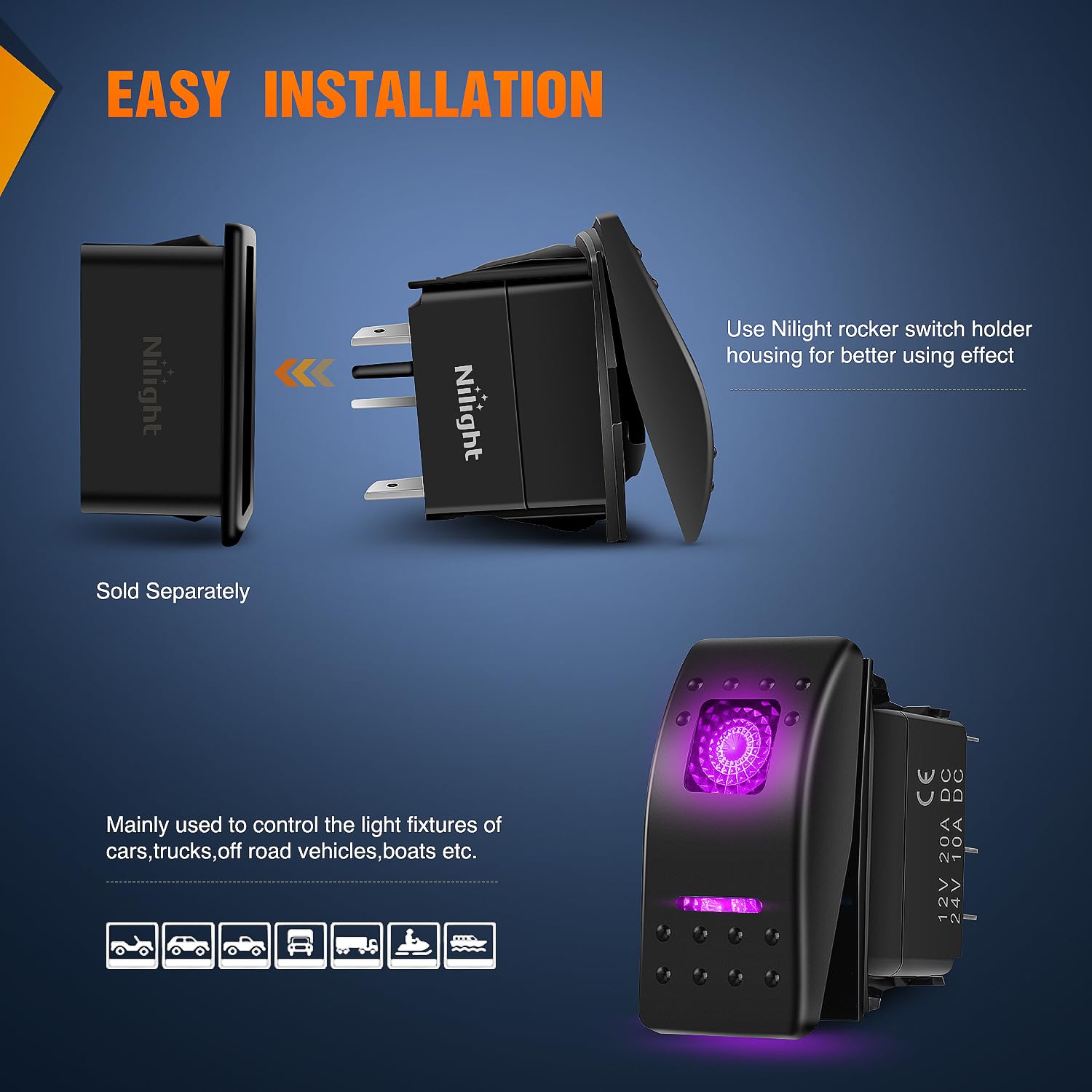 Nilight 3 Pack Rocker Switches With Night Glow Stickers On Off 5 Pin Spst Led Switches With Pinkish Purple Backlit 12V/24V Toggl