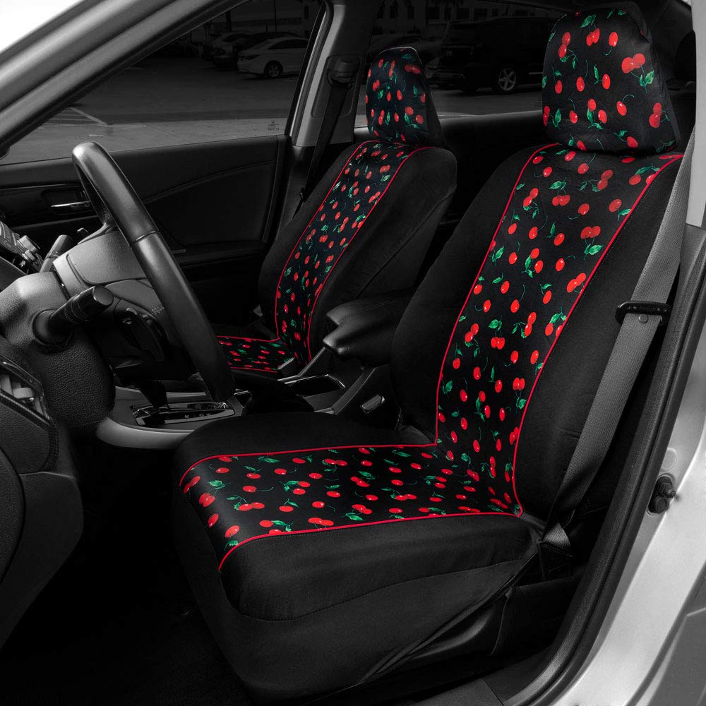 Bdk Red Cherry Car Seat Covers For Front Seats, 2 Pack - Classic Pattern With Matching Headrest, Sideless Design For Easy Instal