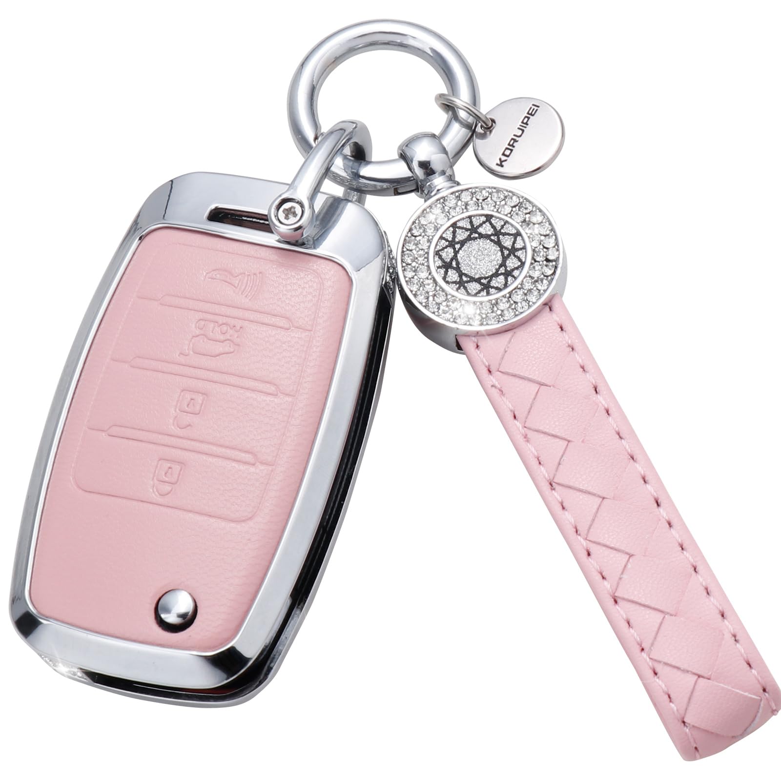 Ruabiban For Kia Key Fob Cover With Keychain, Pink Leather Crystal Key Case Protection Shell Compatible With Kia Sedona Rio Opti