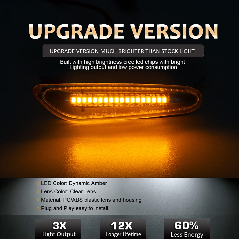 D-Lumina Chrome Sequential Amber Led Side Marker Lights Turn Signal Lamp For Bmw E90 E91 E92 E93 E46 E53 E60 E61 X3 E83 X1 E84 E81 E82 E87 E88 Side Marker Light, Clear Lens Side Marker, Pack Of 2