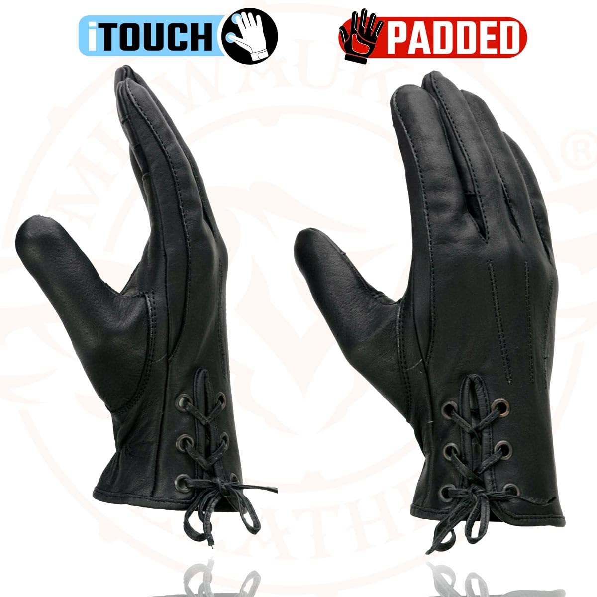 Milwaukee Leather MG7770 Women's Black Leather I - Touchscreen Compatible Laced Wrist Motorcycle Hand Gloves W/Gel Palm - Small