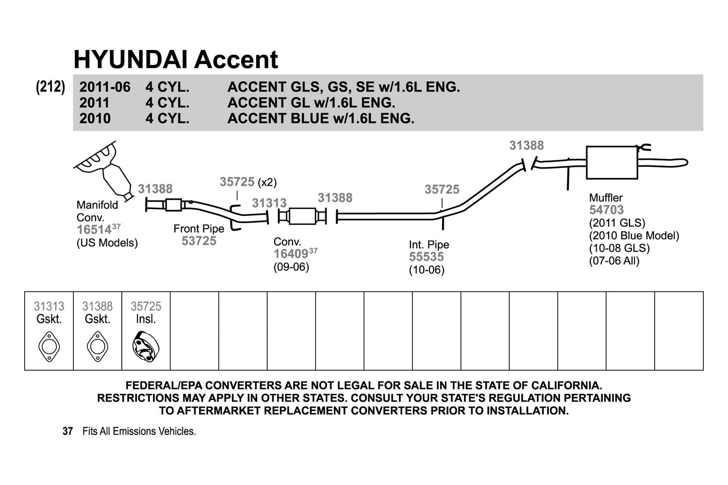 Walker 53725 Exhaust Pipe For Hyundai Accent