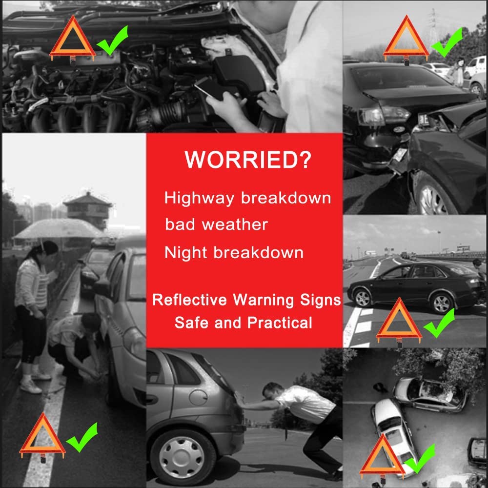 YuBoQi(3PK) Reflective Warning Road Safety Triangle Kit ROAD Emergency Triangle Sign DOT Approved for Truck,LED Road Flares 49 C