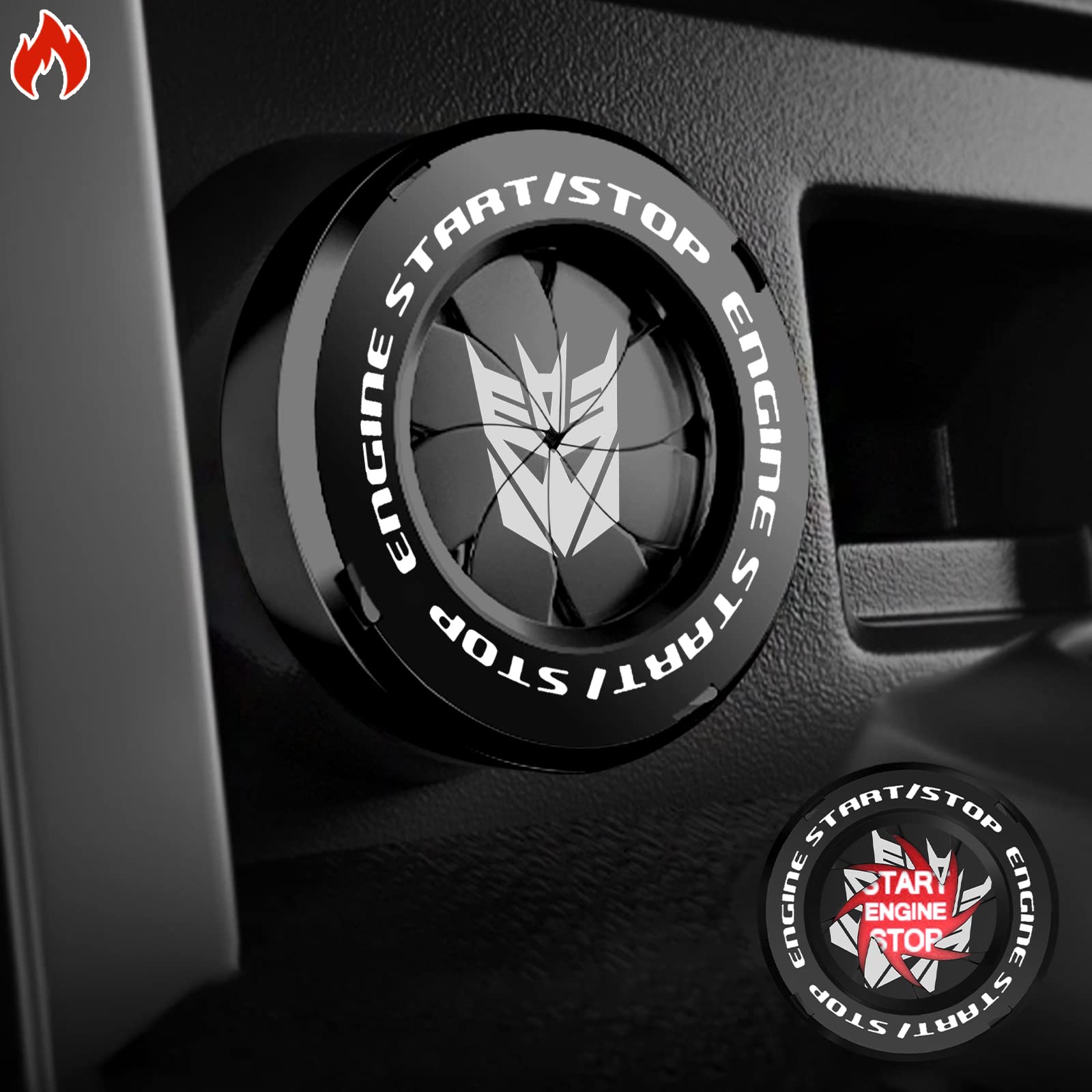 Tybasthe Rotary Push Start Button Cover, Transformers Car Accessories Engine Start Stop Button Cover, Decepticon Car Stickers Interior Decor, Motorcycle Ignition Key Switch Cover, Black