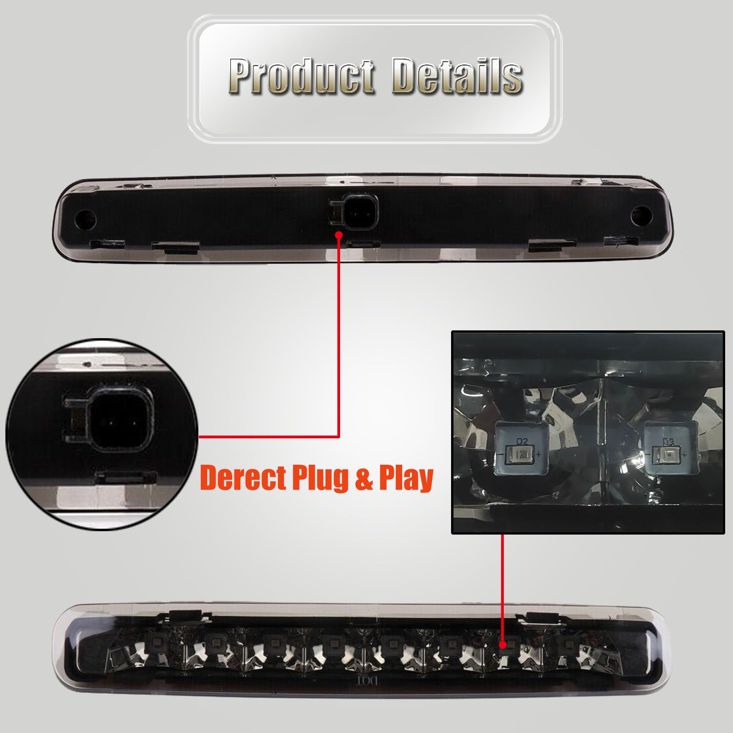 Sl-Hermosa Full Led Third Brake Light Compatible With 2005-2009 Ford Mustang, Rear Brake Stop Tail Light Oem# 6R3Z13A613A