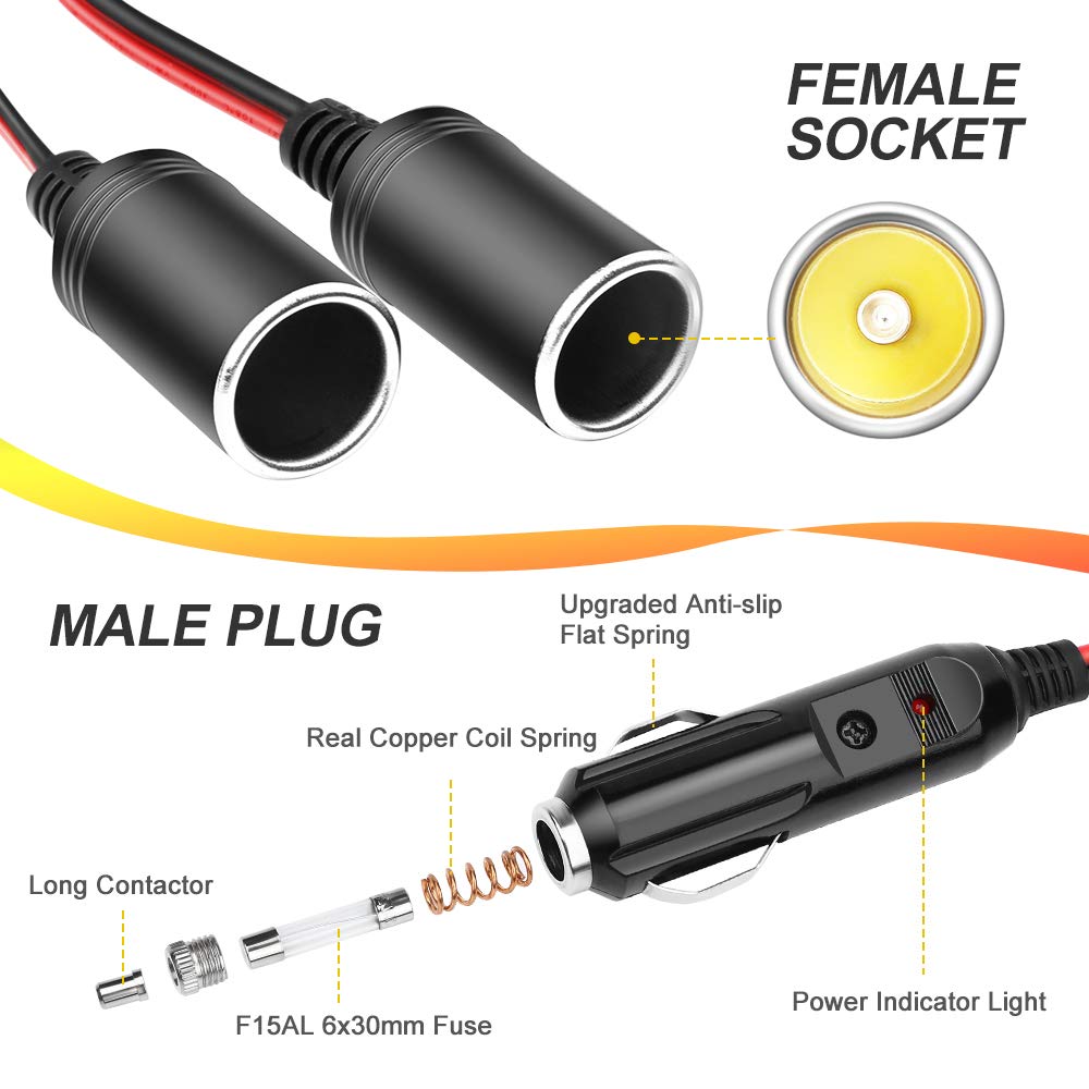 Electop 1 To 2 Car Cigarette Lighter Splitter Adapter Power Charger Port, 12V 24V Plug Socket 2-Way Splitter Y Adapter, 10 Inch