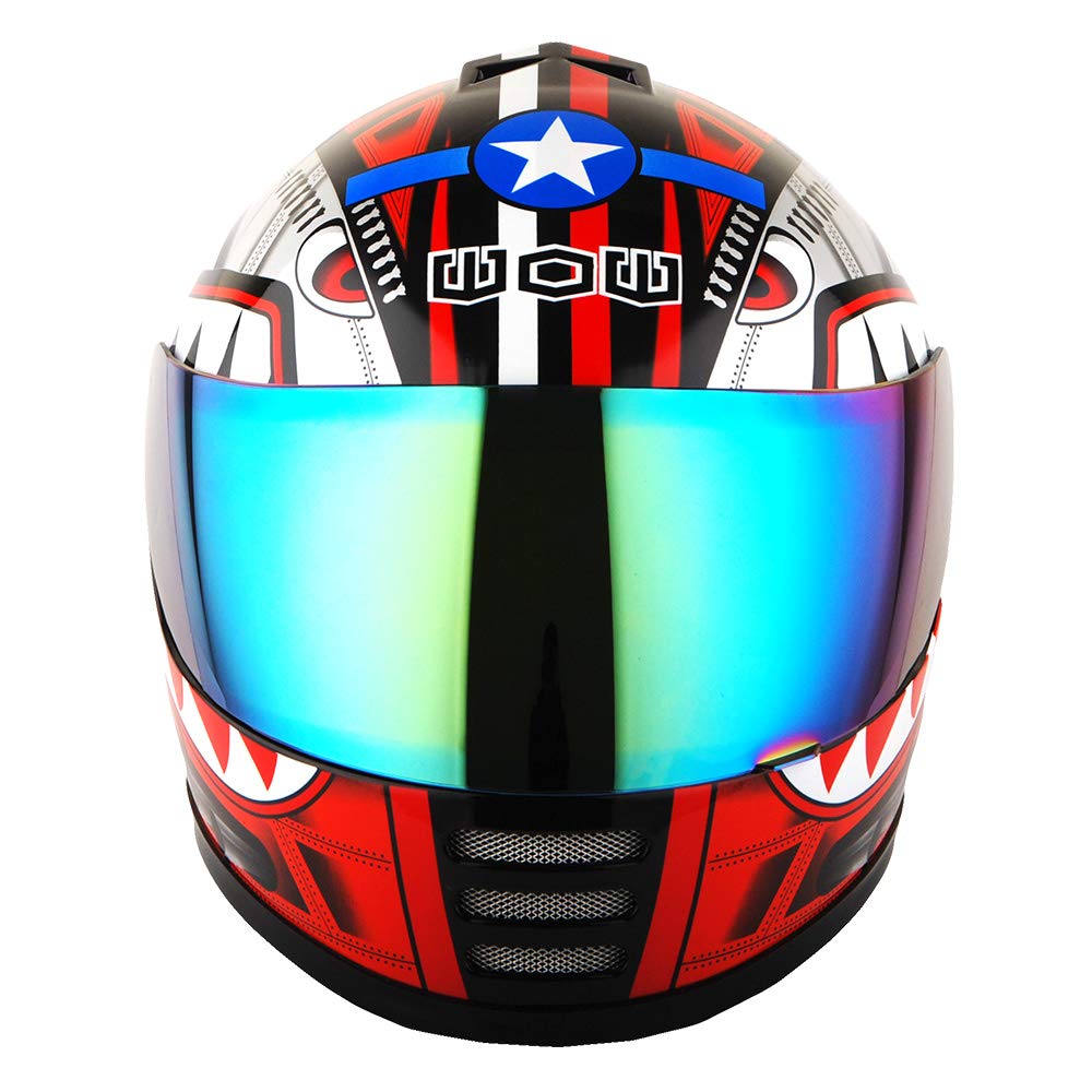 Wow Youth Motorcycle Full Face Helmet Street Bike Bmx Mx Kids Shark Red + Mx Skeleton Glove Bundle