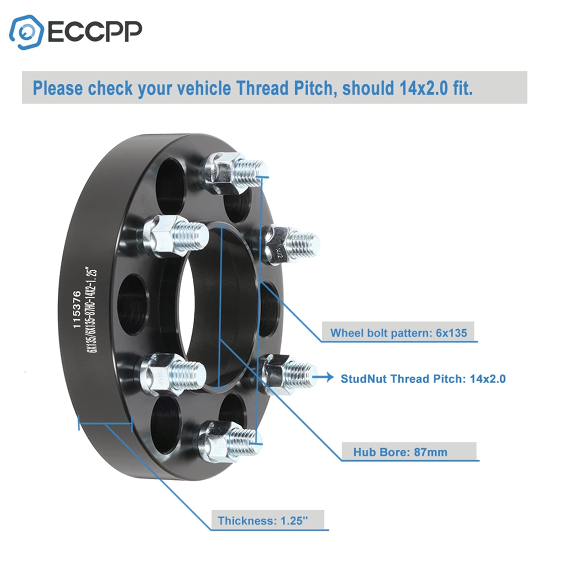 ECCPP 2PCS 6x135mm hub Centric Wheel Spacers 1.25 inch 6 Lug 6x135 to 6x135 87mm 14x2.0 Studs fits for F150 for Expedition for Mark LT for Navigator