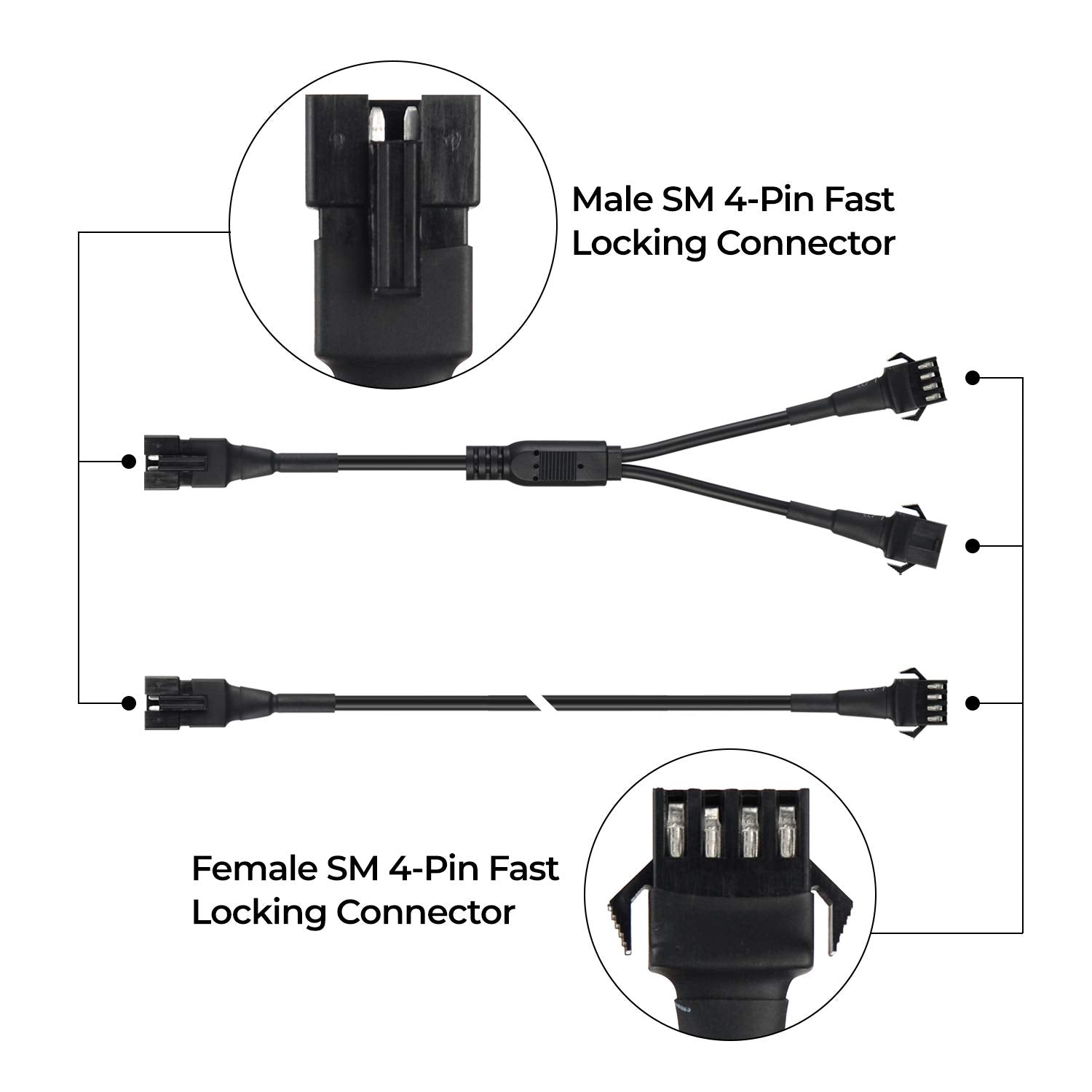 DITRIO 4pcs 2-Feet Extension Cords and 3pcs 2-Way Splitters for Underglow RGB LED Strip Light Kits on Motorcycles Trikes Golf Ca