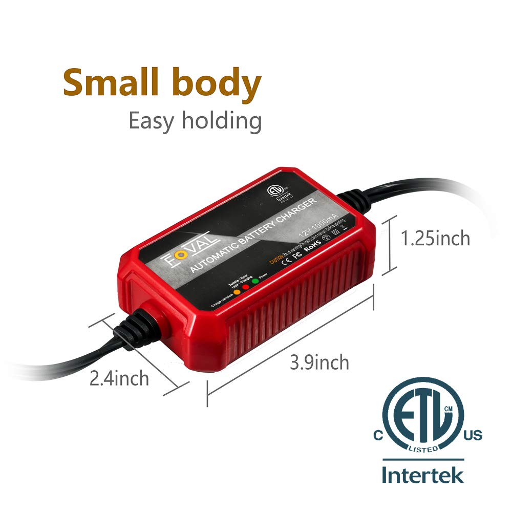 Foval 12V 1000mA Automatic Trickle Battery Charger, Smart Charging, Black, Model BC01B-1
