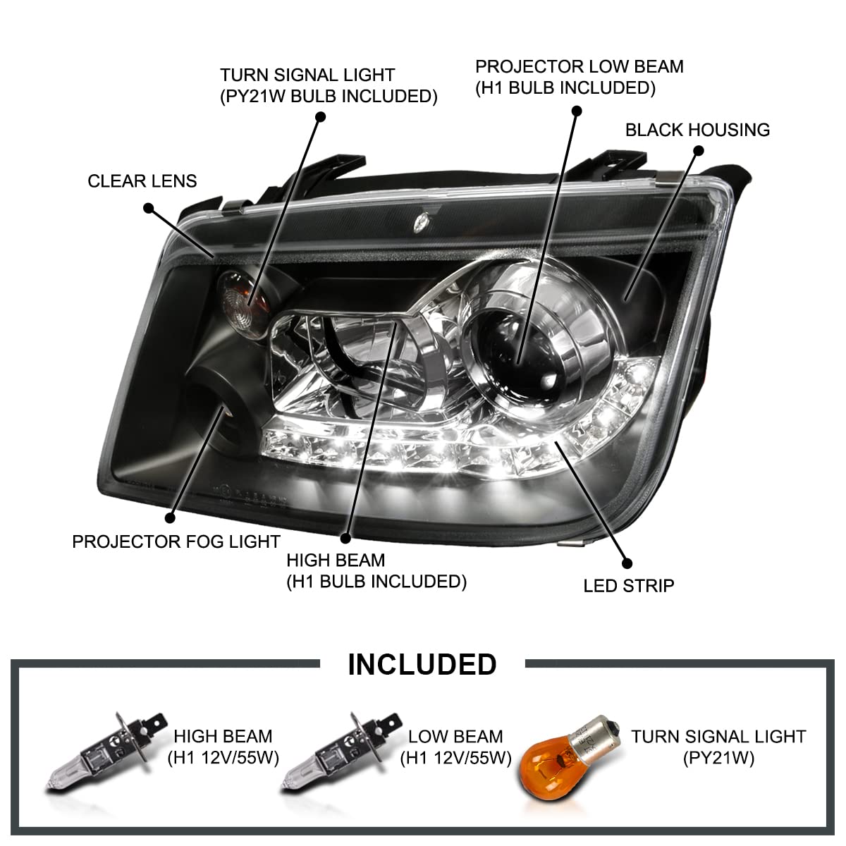 Spec-D Tuning Led Black Projector Headlights Compatible With 1999-2004 Volkswagen Jetta/Bora Mk4, Left + Right Pair Headlamps Assembly
