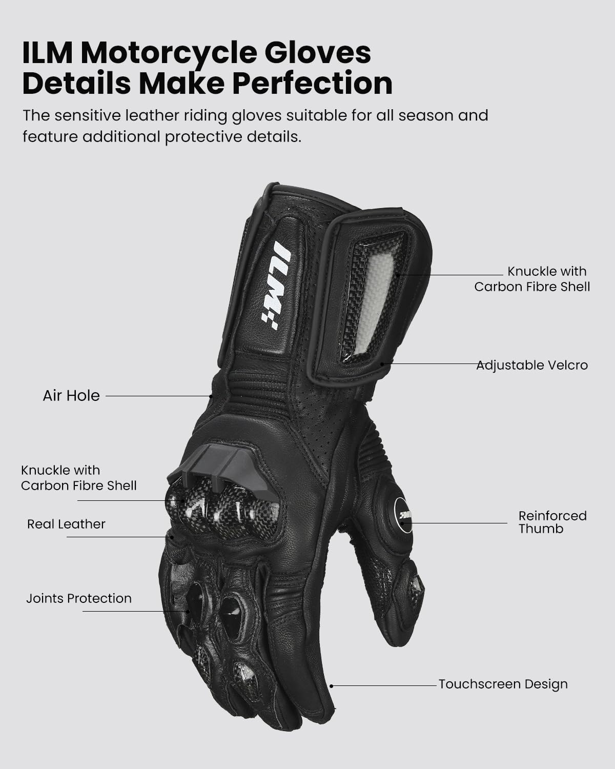Ilm Air Flow Leather Motorcycle Gloves For Men And Women Model-Grc01L (Xl, Black-Long)