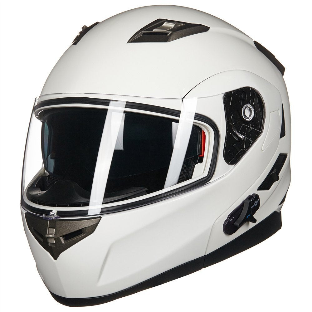 Ilm Bluetooth Integrated Modular Flip Up Full Face Motorcycle Helmet Sun Shield Mp3 Intercom Model 953 (L, White)