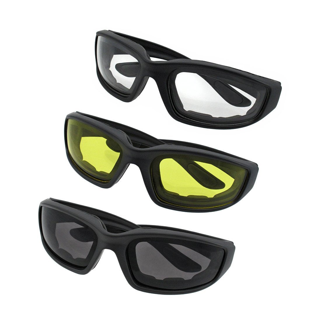 Luckystone 3 Pair Uv Protection Motorcycle Riding Glasses Padding Goggles Bicycle Sunglasses - Smoke Clear Yellow
