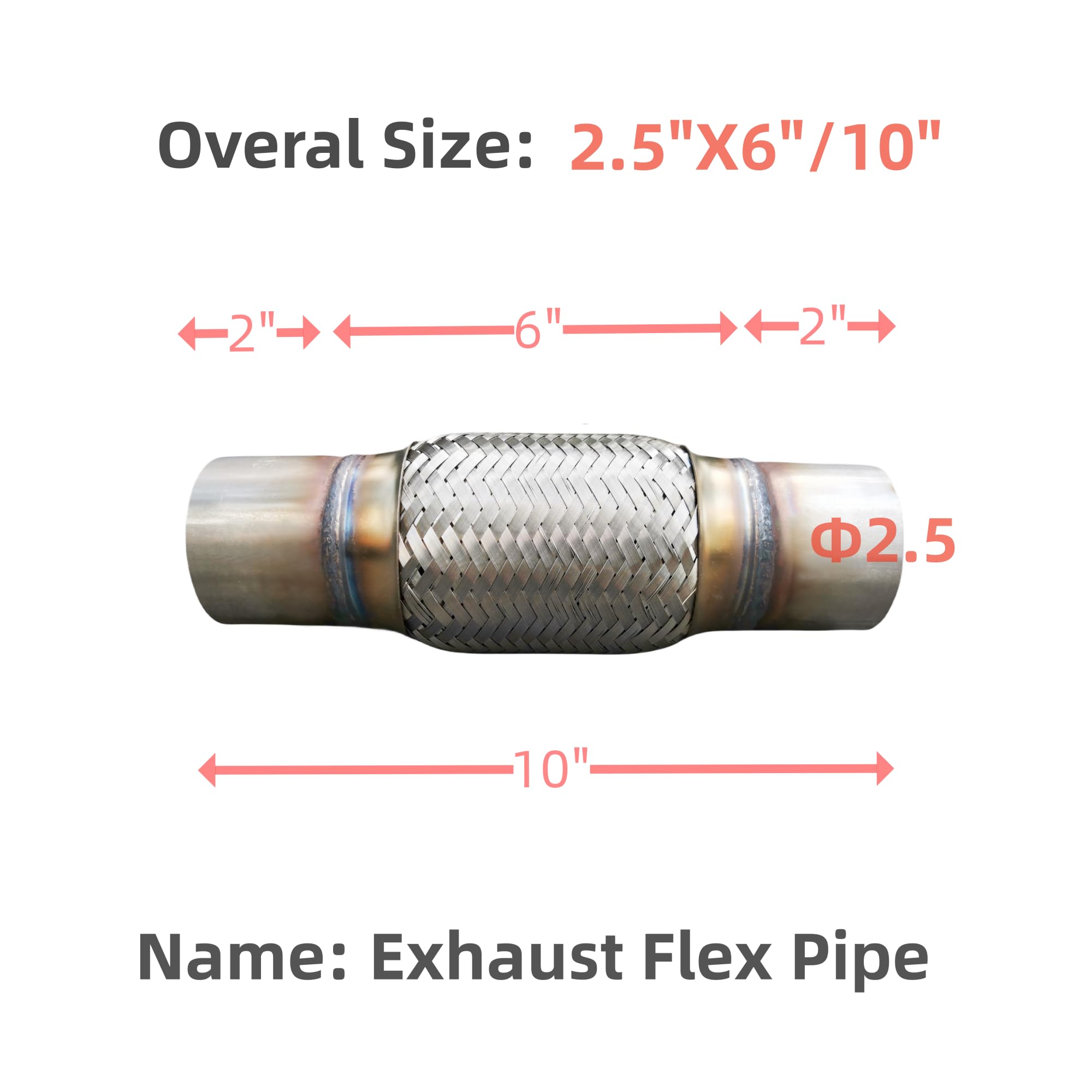 SUISFLXGRO Exhaust Flex Pipe 2.5''X6''/10'' Universal Type 100% Stainless Steel For Heavy Duty and Cars
