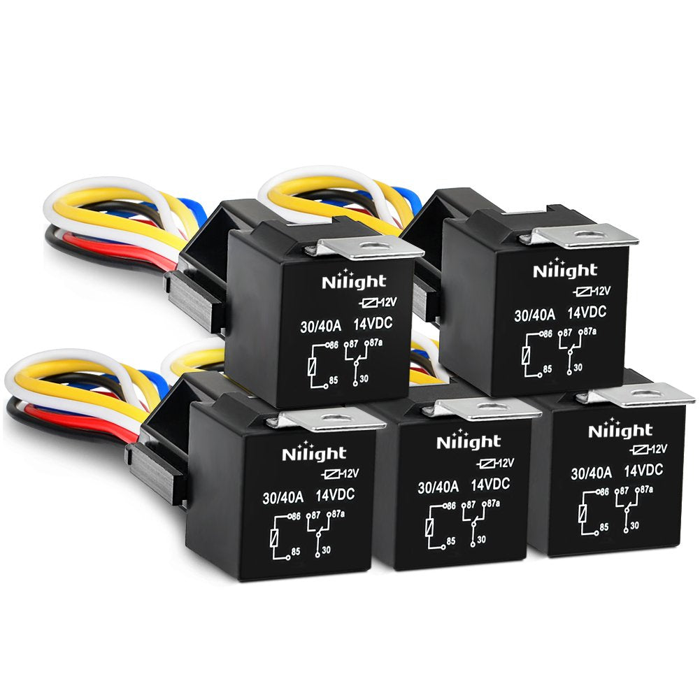 Nilight 50003R Automotive Set 5-Pin 30/40A 12V Spdt With Interlocking Relay Socket And Wiring Harness-5 Pack, 2 Years Warranty