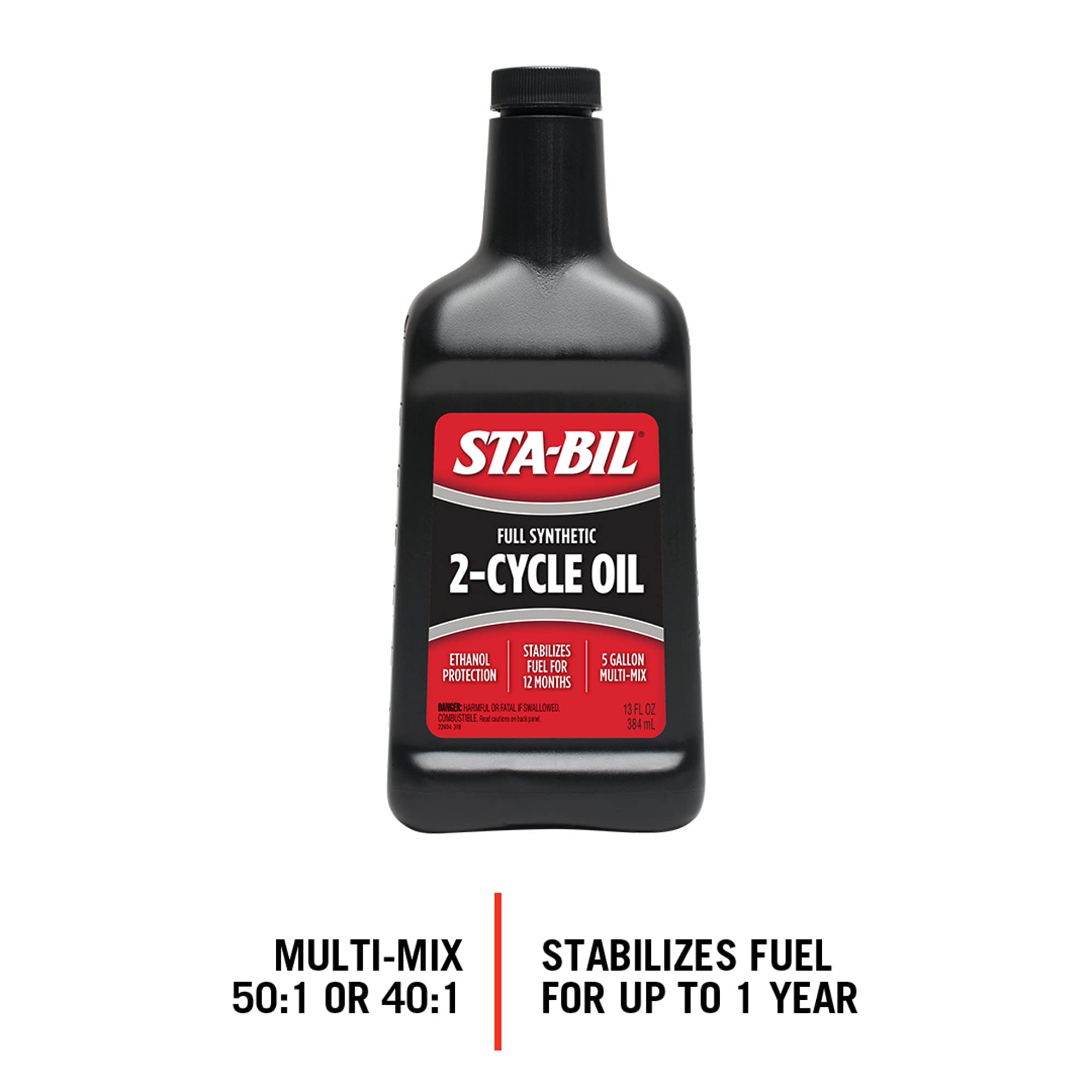 Sta-Bil Full Synthetic 2-Cycle Oil - With Fuel Stabilizer For Up To 12 Months Protection - 5 Gallon Multi-Mix - 50:1/40:1 Mix Ratios - Low Smoke Formula, 13 Fl. Oz. (22404)