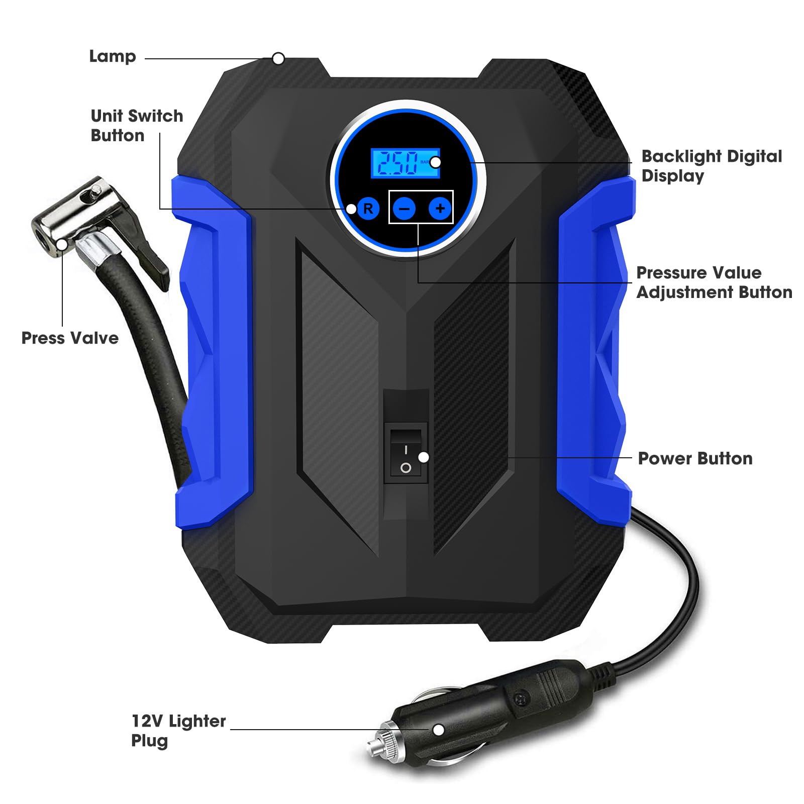 Digital Air Compressor For Car Auto Pump Portable Tire Inflator With Led Light Dc 12V, Blue