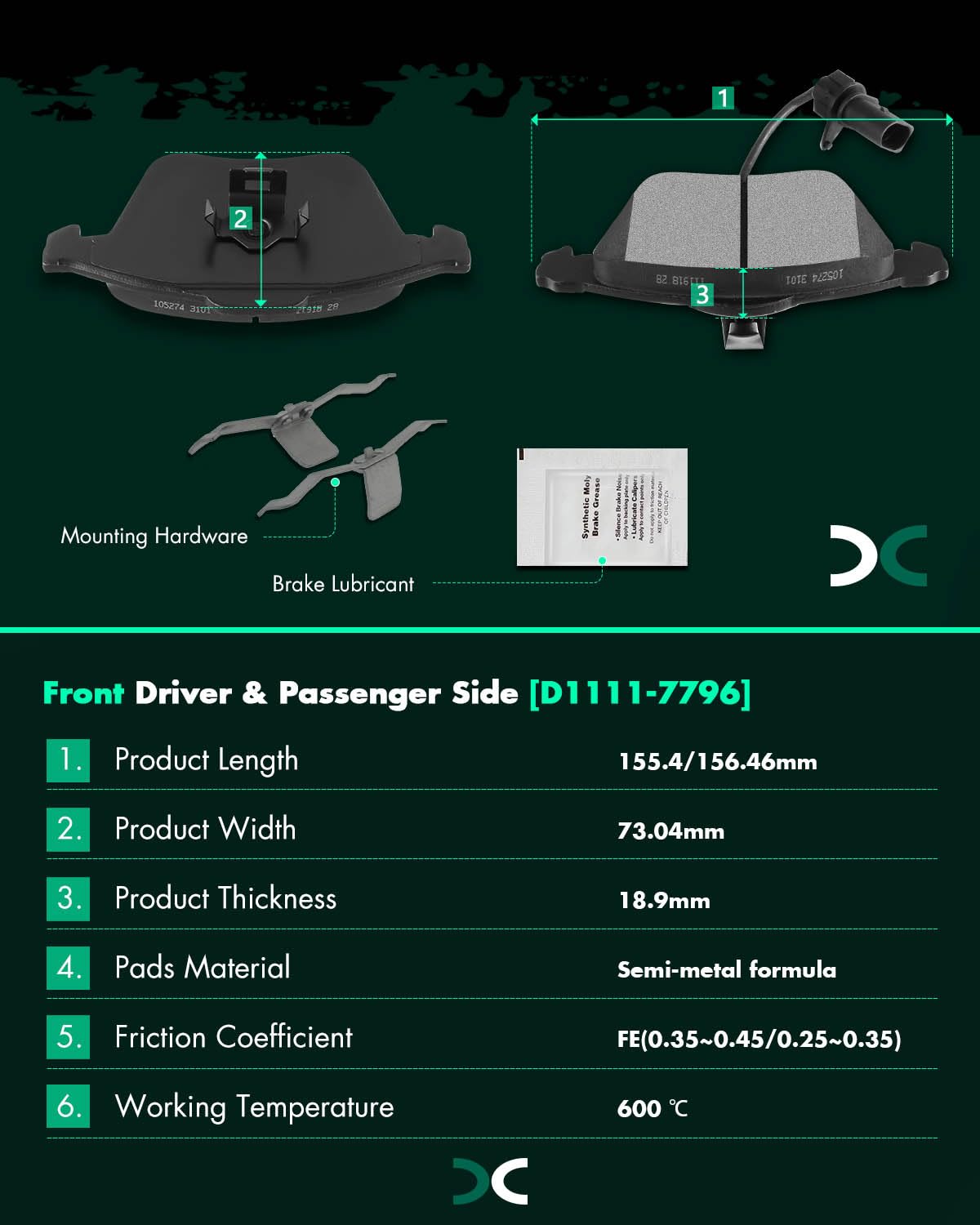 SCITOO Disc Brake Pads Kits D1111-7796 Semi Metallic Front Brake Pads Set Fit For Audi For A4 2005-2009,For Audi For A4 Quattro