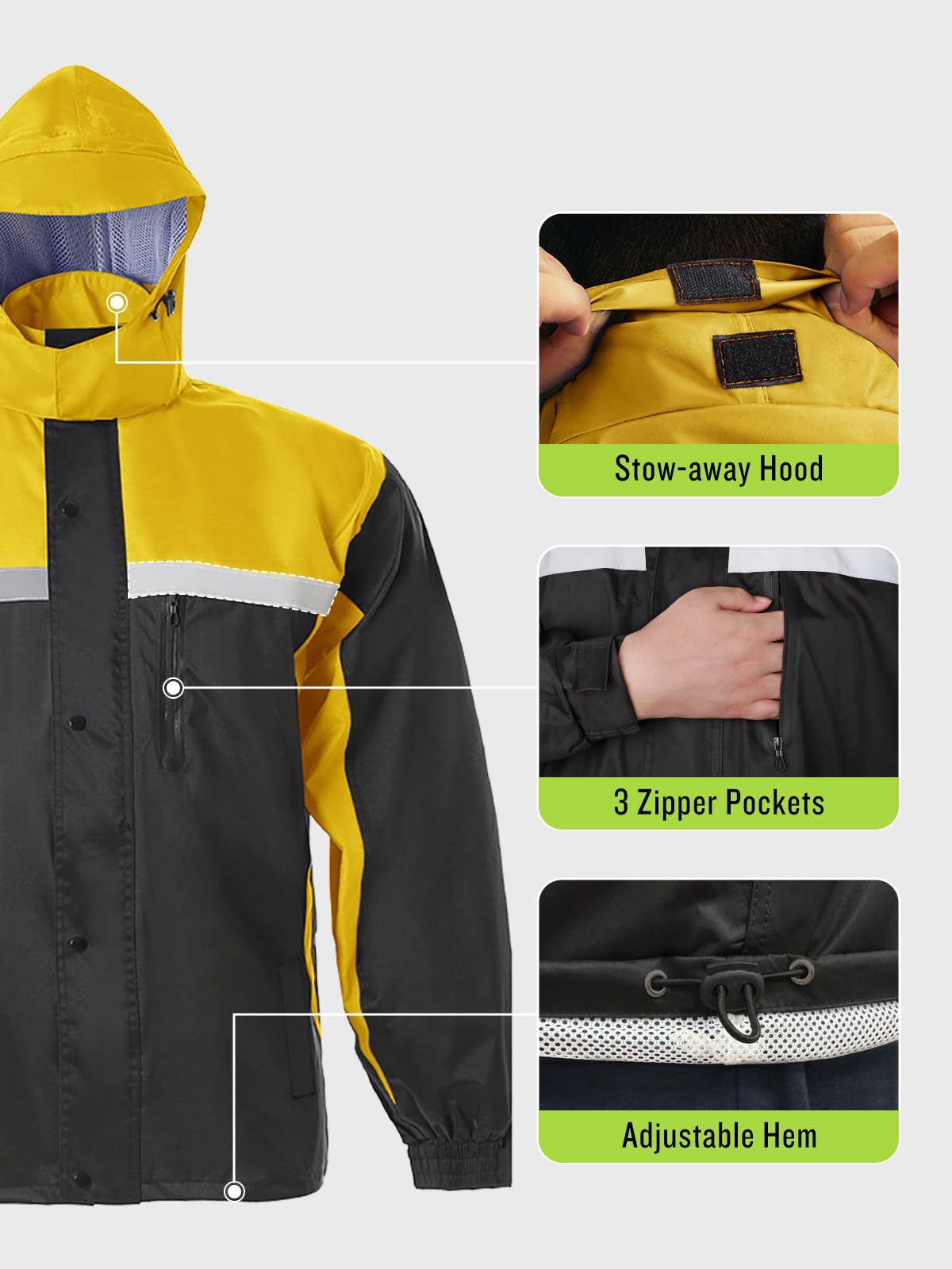 Saphirose Men 'S Rain Suit High Visibility Reflective Work Rain Jacket Pants For All Sport Farm Fishing Motorcycle (Black/Yellow