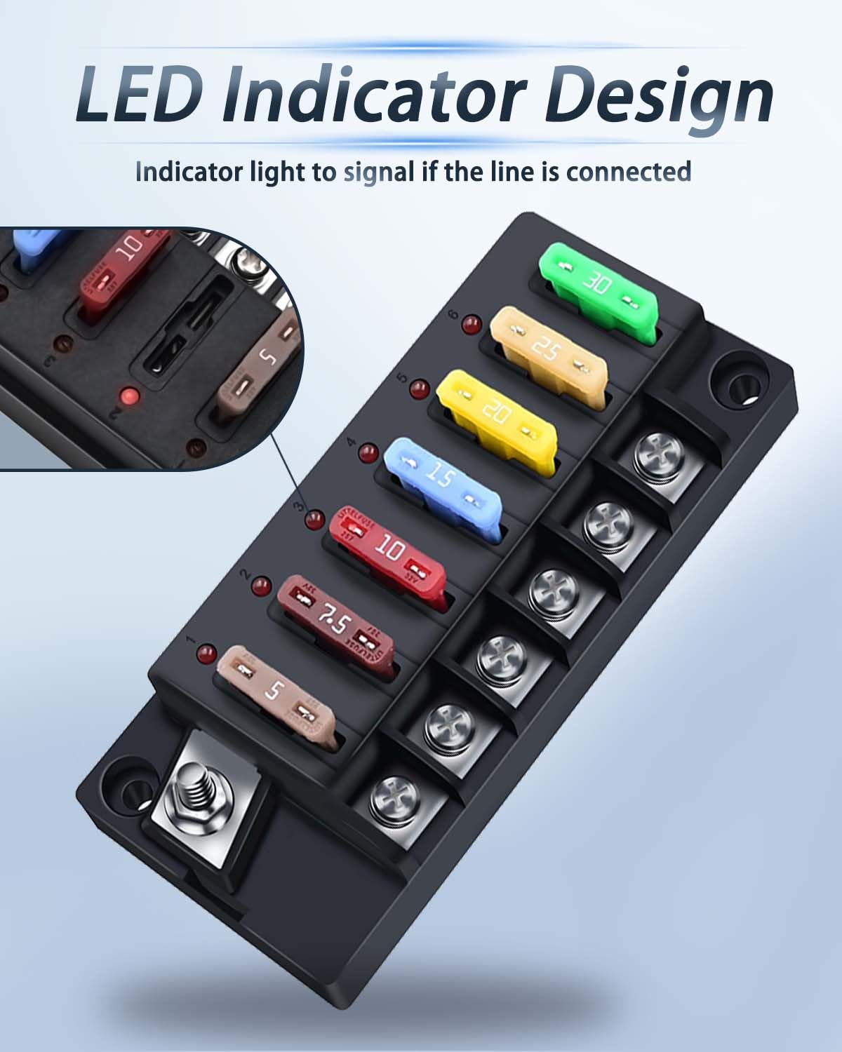 YEZriler 12V Waterproof Fuse Block - 6 Circuits Relay Box Kit with LED Indicator for Automotive, RV, Truck, Boat - Black