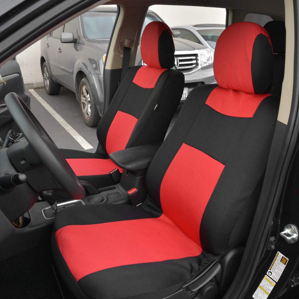 Bdk Two-Tone Polypro Car Seat Covers Full Set With Motor Trend Heavy Duty Rubber Car Floor Mats, Black & Red - Interior Covers For Auto Truck Van Suv