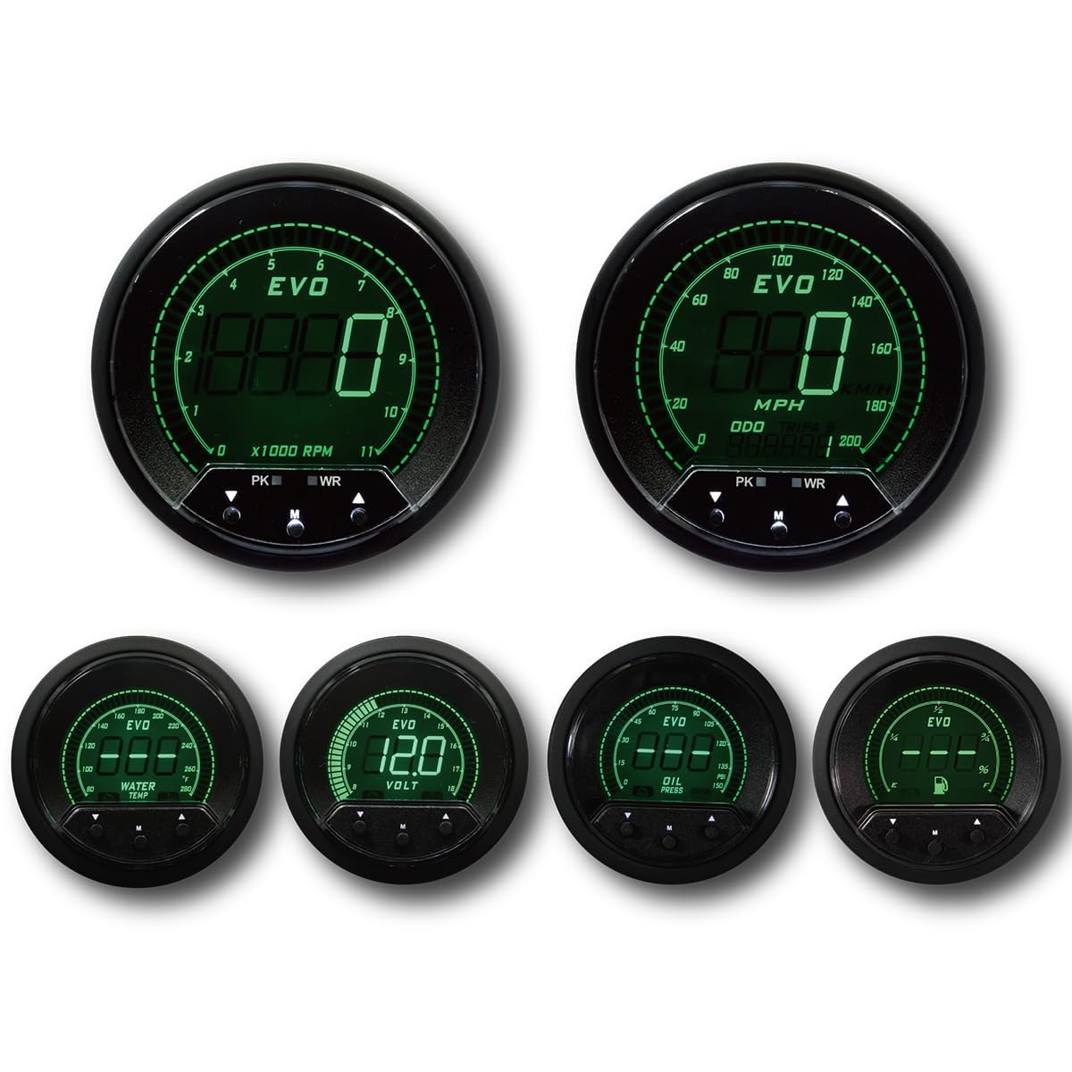 MOTOR METER RACING EVO Digital Gauge Set - 3-3/8" GPS Speedometer & 2-1/16" Gauges - Blue Red White Green LED, Aluminum, Peak