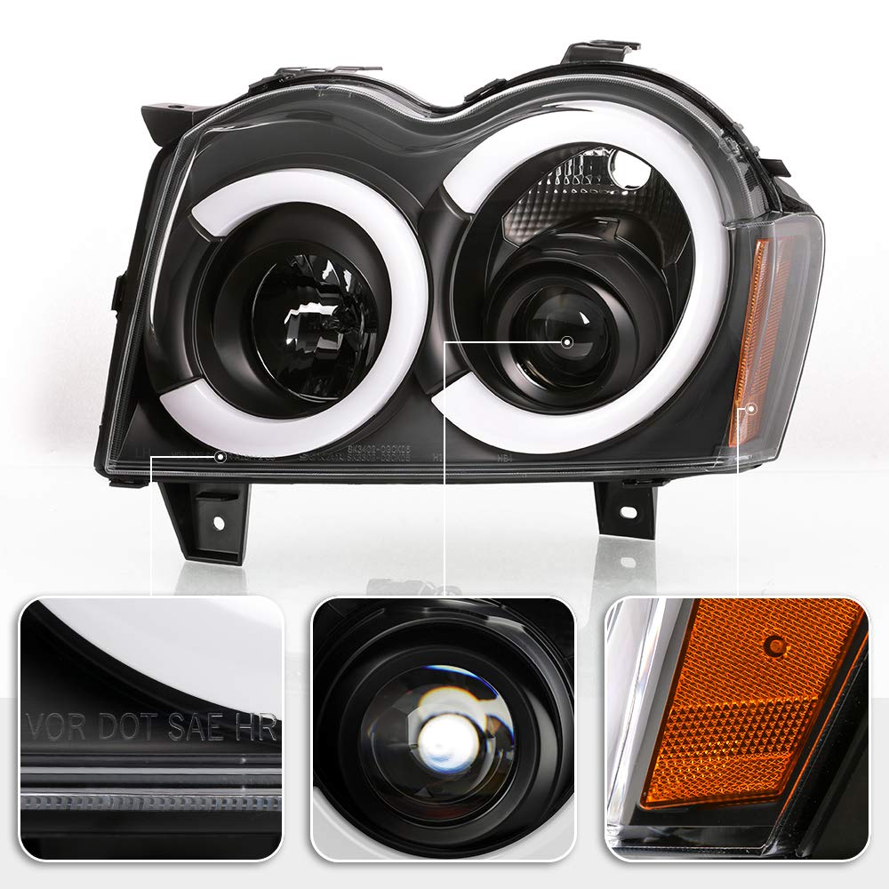 Acanii - For 2005-2007 Jeep Grand Cherokee Black Led Tube Projector Headlights Headlamps Assembly Driver & Passenger